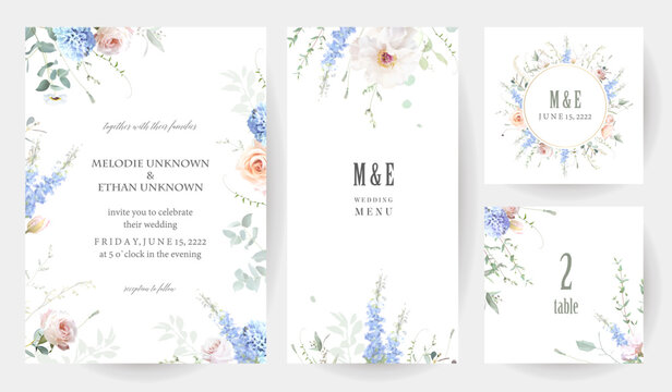 Bridgerton inspired pastel floral vector design frames. Blue delphinium, white peony, coral rose, magnolia, hyacinth, hydrangea, greenery and plants. All flowers and branches are isolated and movable.