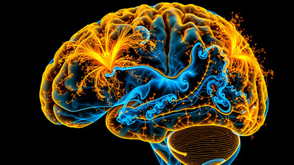Real-time fMRI (16:9) visualization of the human brain during a "Eureka moment": the default mode network (gold) interacts with the prefrontal cortex (blue), with abstract thoughts exploding .