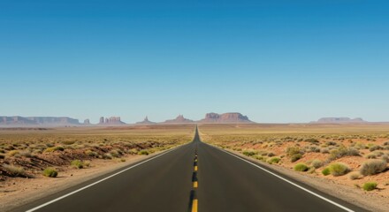 Remote road through barren desert stretching straight toward the far-off horizon under a pale, open sky. Copy space