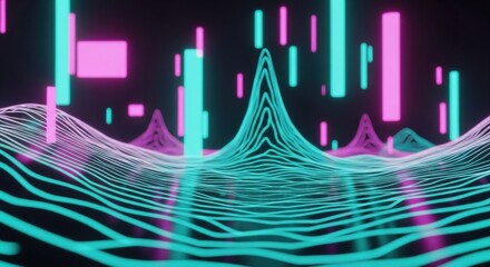 Abstract Neon Sound Waveform Visualization with Geometric Shapes and Mountains