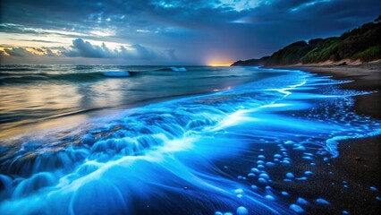 Fototapeta premium Glowing blue waves crash against a dark sandy beach at night with an abundance of tiny bioluminescent organisms lighting up the water