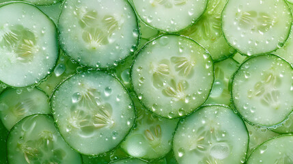 Bright green cucumber slices are arranged in layers, glistening with water droplets, showcasing their freshness