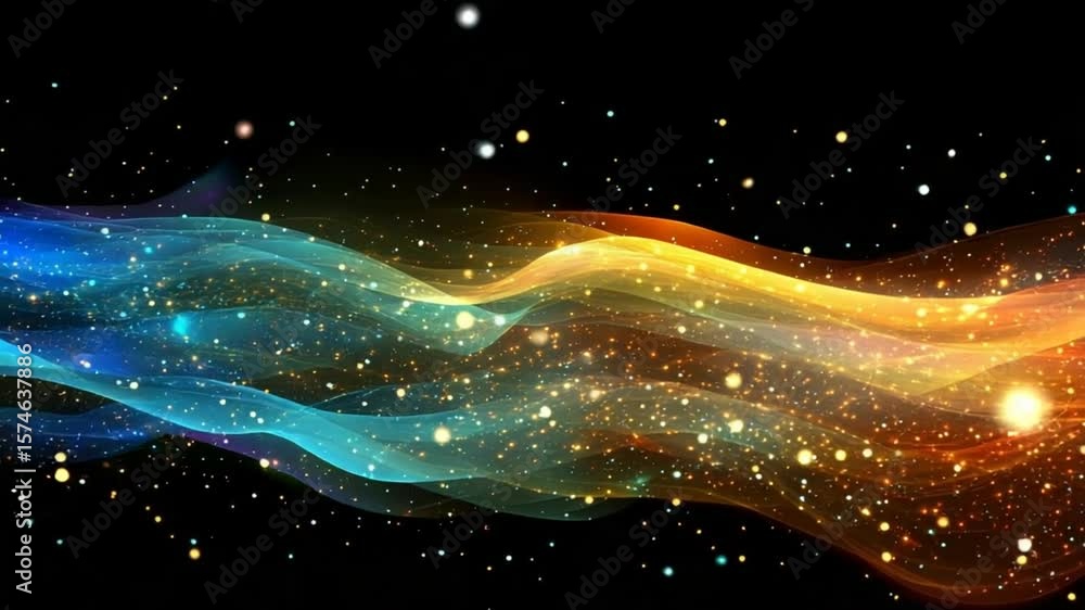 Poster abstract cosmic energy wave animation with glowing particles in deep space background