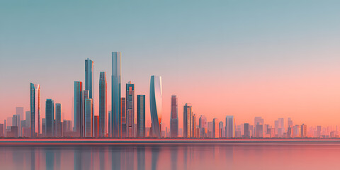 Dusk reveals a stunning skyline with modern buildings reflecting in calm water during a tranquil evening