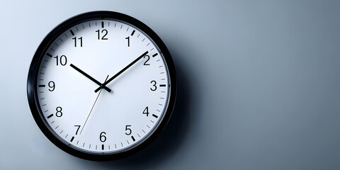 A wall clock displays the time at 10:10, featuring a clean and minimalist design against a gray background