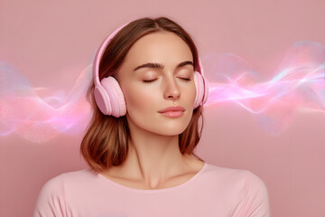 Woman with closed eyes listens to music through pink headphones, exuding tranquility in a soft pastel environment