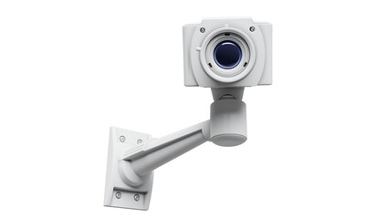White surveillance camera isolated on transparent background. Camera featuring remote rotation, tilting, and zoom functions for adaptable surveillance and dynamic object tracking. 3D illustration