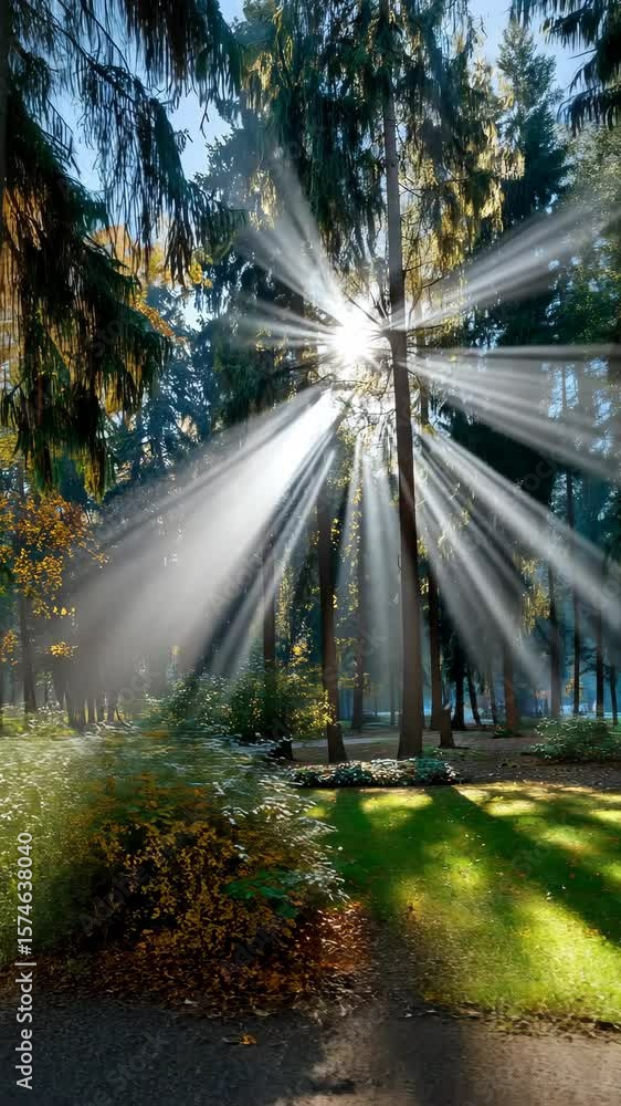Poster sunlight filters through trees in a serene forest, creating beautiful rays and shadows on the lush g