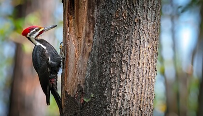 pileated woodpecker drilling into tree bark majestic bird in natural habitat