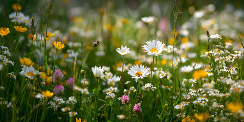 Colorful wildflowers fill the meadow with life as bees gather nectar during the warm afternoon sun