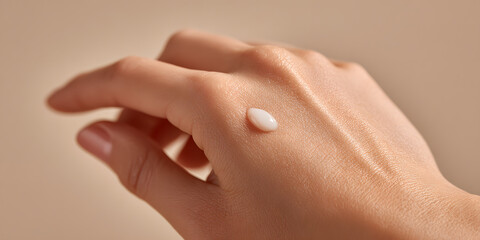A hand with a small dollop of lotion rests on a soft surface, highlighting skincare and moisturization practices