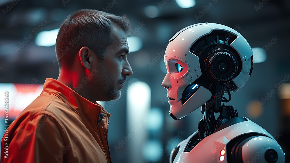 Poster person talking with robotic ai futuristic technology or machine learning concepts technology