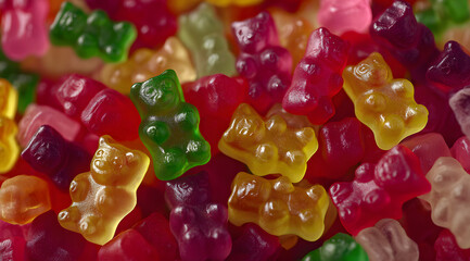 Various gummy bears in bright colors are scattered, showcasing a tempting assortment of fruity treats