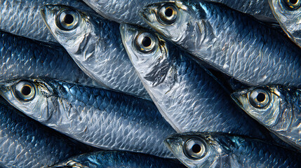 Numerous fresh sardines are arranged closely together, showcasing their shiny blue scales and distinct features