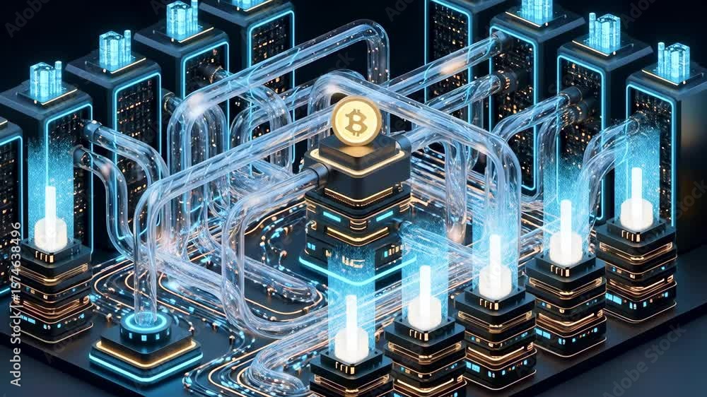 Poster futuristic blockchain network with glowing circuits and buildings, illustrating cryptocurrency minin