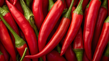 Bright red chilies are piled together, displaying their glossy skin and curved shapes, highlighting their freshness
