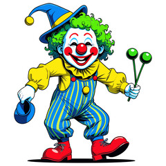 Vector Happy cartoon clown wearing blue overalls and yellow jacket holding juggling balls