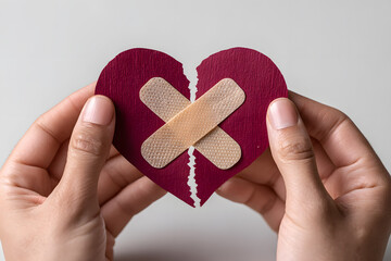 Two hands hold a bandaged heart, symbolizing love, heartbreak, and the journey to heal emotionally