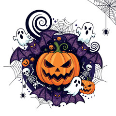 pumpkin, creepy, illustration, witch, orange, banner, black, cartoon, horror, cemetery, vector, dark, design, ghost, house, holiday, trick, moonlight, party, card, poster, evil, autumn, october, silho