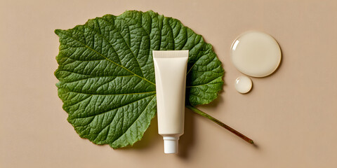 Skincare cream sits on a fresh green leaf with a drop of serum next to it, highlighting natural beauty and wellness