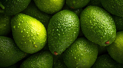 A collection of vibrant green avocados glistening with moisture, showcasing their fresh texture and healthy appearance