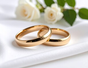 Elegant gold wedding rings on white fabric