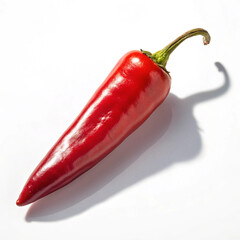 Vibrant red chili pepper with a glossy finish and a curved green stem on a white surface.