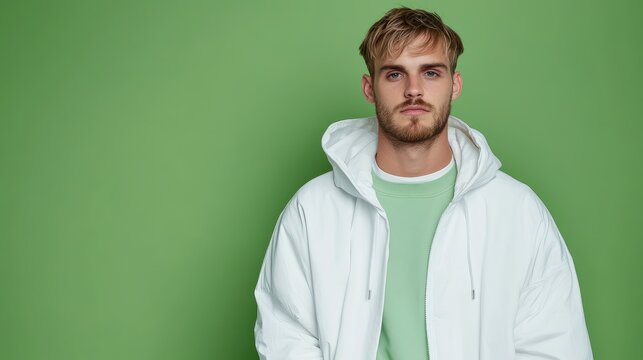 A man in a white hoodie against a solid green background.  Casual, modern style