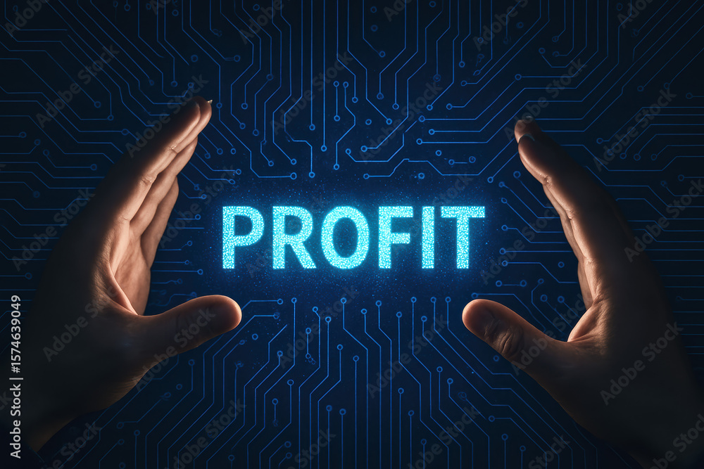 Poster hands illuminate a digital interface displaying profit symbolizing growth and success in a futuristi
