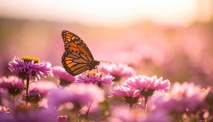 Monarch butterfly on pink flowers at sunset