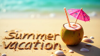 Tropical Coconut Cocktail with Umbrella on the beach with summer lettering background