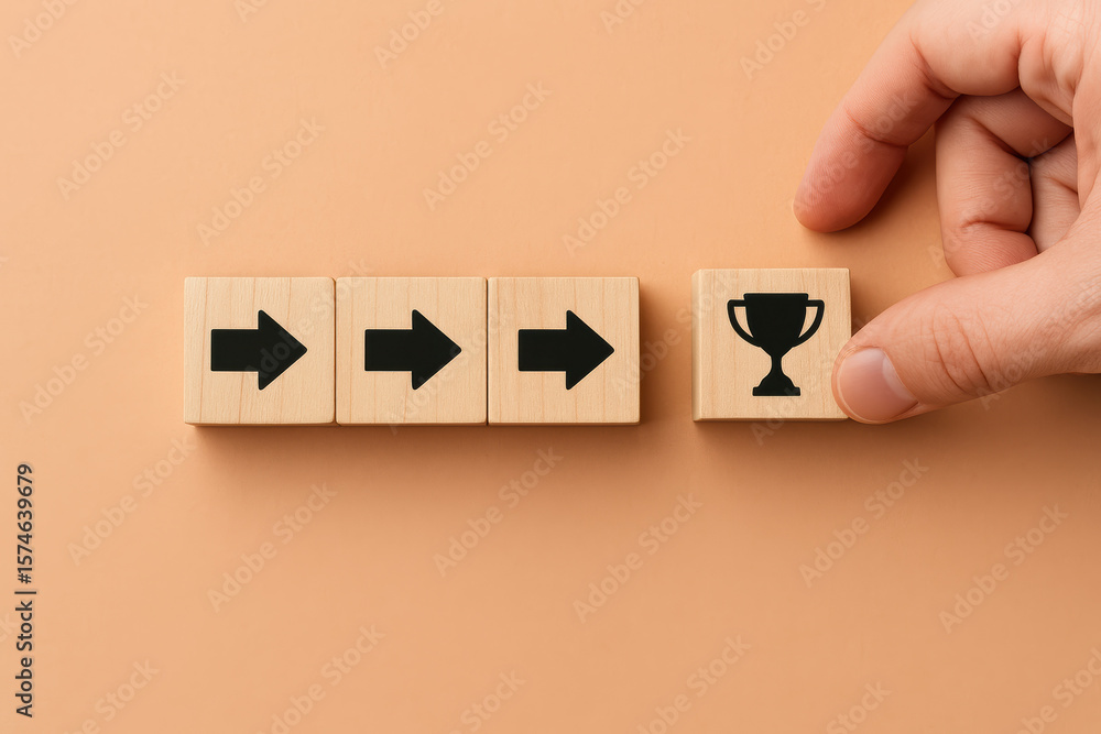 Poster steady progress is represented by a moving a trophy block after arrow blocks symbolizing achieving s