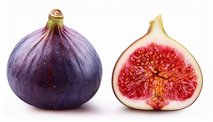 two ripe figs one whole and one cut isolated on white background