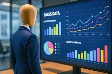 Strategic analysis drives improved performance as a wooden mannequin reviews dynamic sales data and growth trends on screen