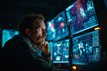 Man analyzes data on screens in dark room. Concept for cybersecurity, big data, fintech. For marketing, web use, design, editorial.