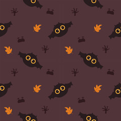 Bat cartoon so cute. On tree grave leaf purple background. Welcome halloween.  Pattern seamless vector illustration. 