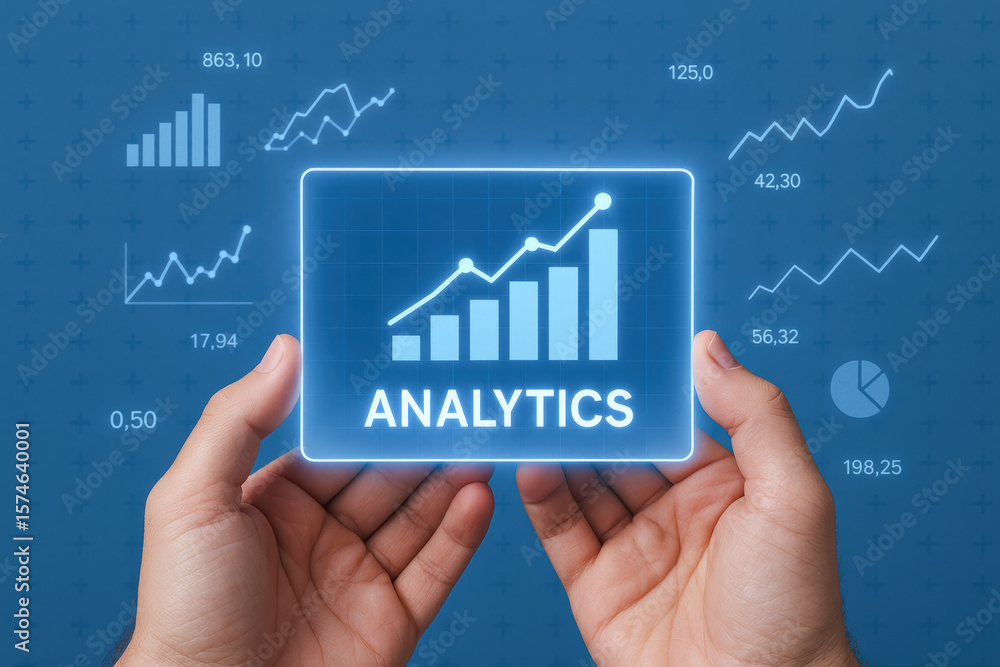Poster hands presenting a digital interface displaying business growth and data trends symbolizing analysis
