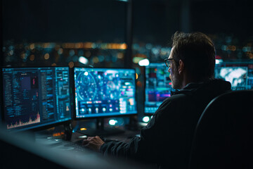 Man monitors data on multiple screens at night. Cyber security, trading, analysis, technology. For web, marketing, editorial.