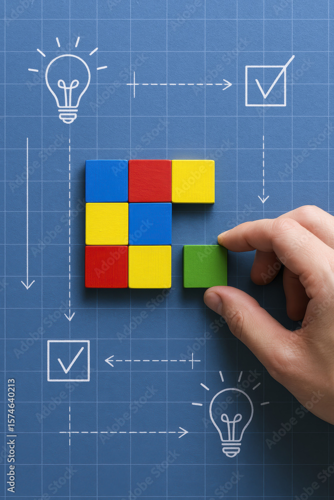 Poster strategic planning and problem solving are illustrated as a arranges colorful blocks within a struct