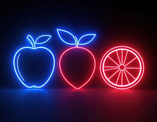 Neon fruits on dark background