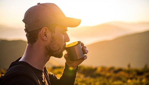 Man drinks coffee at sunrise