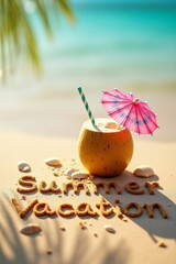 summer background with written text on sand and sunny beach vibe with Fresh coconut drink with colorful umbrella and straw 