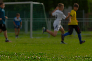 Obraz premium Young soccer players energetically running across a vibrant grass field during an exciting match, vividly showcasing their teamwork and athleticism in a highly competitive environment