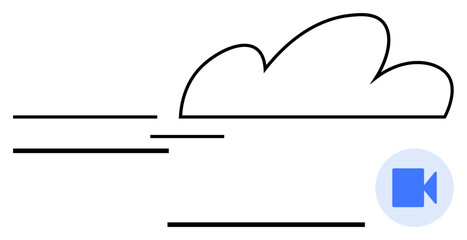 Cloud with motion lines symbolizes speed and connectivity paired with a video call icon. Ideal for technology, remote work, communication, cloud storage, video conferencing, networking, simple