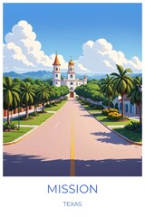 Obraz premium Mission Texas United states Travel Poster Illustration Print Decor Gift Canvas Wall Art Gift
