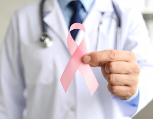 Doctor holding pink awareness ribbon