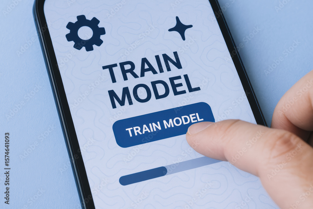 Poster the development machine learning is highlighted as a progress bar advances while a initiates a model