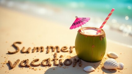 summer background with written text on sand and sunny beach vibe with Fresh coconut drink with colorful umbrella and straw 