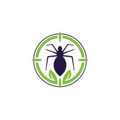 Logo design of a bug with a leaf inside a target aim, representing eco-friendly pest control, precision, and sustainability in a modern, professional style.


