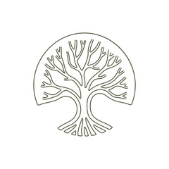 Logo design of a minimalist monoline tree, drawn with a single continuous line, representing growth, nature, and sustainability in a clean and modern style.

